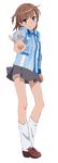  brown_eyes brown_hair full_body grey_skirt hair_ornament highres lawson looking_at_viewer loose_socks miniskirt misaka_mikoto pleated_skirt shirt short_hair shorts shorts_under_skirt skirt smile socks solo standing striped striped_shirt to_aru_majutsu_no_index transparent_background v vertical-striped_shirt vertical_stripes white_shorts 