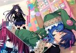  3girls animal_ears animal_hood black_jacket black_legwear black_neckwear blue_eyes blue_hair blue_skirt brown_eyes bunny_ears clenched_hand date_a_live eye_contact fake_animal_ears floating_hair hair_ribbon highres hood indoors itsuka_kotori itsuka_shidou jacket kiss long_hair looking_at_another lying miniskirt multiple_girls neck_ribbon necktie novel_illustration official_art on_back open_mouth pleated_skirt purple_eyes purple_hair red_hair red_ribbon ribbon school_uniform shirt skirt sweatdrop thighhighs tsunako very_long_hair white_shirt yatogami_tooka yoshino_(date_a_live) zettai_ryouiki 