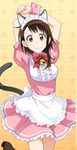  animal_ears apron arms_up bell bow bowtie brown_eyes brown_hair cat_ears cat_tail cowboy_shot dress fake_animal_ears leg_up looking_at_viewer maid maid_headdress nisekoi onodera_kosaki pink_dress red_bow red_neckwear short_dress short_hair_with_long_locks sidelocks smile solo standing tail wrist_cuffs 