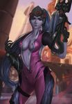  blue_hair bodysuit breasts long_hair ocetee overwatch pig_tail solo tail weapon widowmaker_(overwatch) yellow_eyes 