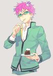  antennae coffee_jello eating food gakuran glasses male_focus pink_hair pudding purple_eyes saiki_kusuo saiki_kusuo_no_psi_nan school_uniform signature solo spoon spoon_in_mouth toujou_sakana upper_body whipped_cream 