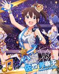  blsuh blue_eyes brown_hair card_(medium) character_name crown dress idolmaster idolmaster_million_live! long_hair microphone ponytail satake_minako singing 