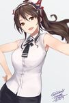  alternate_costume alternate_hairstyle ashigara_(kantai_collection) bare_arms brown_eyes brown_hair commentary_request dated fang grey_background hairband hand_on_hip kantai_collection long_hair open_mouth ponytail rokuwata_tomoe shirt signature simple_background sleeveless sleeveless_shirt smile solo twitter_username 