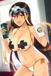  bangs beads bikini bikini_pull blurry breasts breasts_outside brown_hair coffee_cup commentary_request covered_nipples cup depth_of_field disposable_cup eyebrows_visible_through_hair fate/grand_order fate_(series) groin highres jewelry large_breasts leaning_forward lips logo_parody long_hair looking_at_viewer necklace open_mouth pasties purple_eyes side-tie_bikini solo swimsuit thighs tiara very_long_hair white_bikini xuanzang_(fate/grand_order) yuzuriha_(active_homing) 