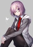  black_legwear breasts bug butterfly fate/grand_order fate_(series) glasses grey_background hair_over_one_eye highres hood hoodie insect knees_to_chest luzi mash_kyrielight medium_breasts necktie pantyhose purple_eyes purple_hair red_neckwear short_hair smile solo 