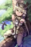  animal_ears animal_print awa_(rosemarygarden) blonde_hair bow bowtie commentary_request elbow_gloves forest gloves hair_between_eyes in_tree kemono_friends leaf looking_at_viewer nature ocelot_(kemono_friends) ocelot_ears ocelot_print print_legwear print_skirt shirt short_hair sitting sitting_in_tree skirt sleeveless sleeveless_shirt solo thighhighs tree yellow_eyes 