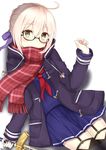 7_calpis_7 ahoge artoria_pendragon_(all) bangs black-framed_eyewear blonde_hair braid commentary_request fate/grand_order fate_(series) glasses highres holding holding_sword holding_weapon looking_at_viewer mysterious_heroine_x_(alter) plaid plaid_scarf red_scarf scarf school_uniform semi-rimless_eyewear skirt solo sword thighhighs under-rim_eyewear weapon yellow_eyes 