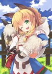  alpaca animal animal_ears bag bell blonde_hair blue_dress blush braid cat_ears commentary_request dress extra_ears flower grass green_eyes holding holding_animal kdc_(koineko) looking_at_viewer meowstress monster_hunter monster_hunter_x moofah open_mouth pointy_ears sheep sidelocks smile solo 