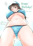  ! 1girl absurdres bikini birthday blue_background blush breasts brown_eyes brown_hair cube_(huidama) girls_und_panzer gradient gradient_background groin hat highres large_breasts looking_at_viewer looking_down mika_(girls_und_panzer) navel one_eye_closed simple_background smile solo striped striped_bikini sweat swimsuit swimwear underboob white_background 