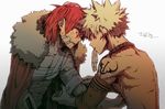  alternate_costume back bakugou_katsuki bandages blonde_hair boku_no_hero_academia cape crying crying_with_eyes_open earrings fur_trim gradient gradient_background highres jewelry kirishima_eijirou male_focus mouth_hold multiple_boys muscle necklace red_cape red_eyes red_hair sharp_teeth shirtless spiked_hair tears teeth upper_body xiao_(creation0528) 