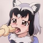  animal_ears black_hair bow bowtie brown_eyes common_raccoon_(kemono_friends) drooling eyebrows_visible_through_hair fangs fennec_(kemono_friends) finger_in_another's_mouth fur_collar fur_trim grey_hair kemono_friends multicolored_hair multiple_girls ogry_ching open_mouth raccoon_ears saliva short_hair sweat tongue tongue_out white_hair 