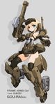  armor bare_shoulders black_gloves black_legwear blonde_hair blue_eyes blush character_name closed_mouth commentary_request elbow_gloves eyebrows_visible_through_hair frame_arms_girl full_body gloves gourai grey_background gun headgear highres holding holding_gun holding_weapon karukan_(monjya) looking_at_viewer mecha_musume panties short_hair shoulder_cannon simple_background skirt solo striped striped_panties text_focus thighhighs underwear weapon 