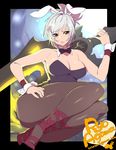  agawa_ryou alternate_costume animal_ears bare_shoulders battle_bunny_riven breasts brown_eyes bunny_ears bunnysuit cleavage cuff_links large_breasts league_of_legends pantyhose riven_(league_of_legends) short_hair smile solo white_hair 