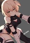  arm_strap artist_name bandaged_arm bandages bare_shoulders bent_over black_legwear black_panties bow breasts cosplay dutch_angle eyebrows_visible_through_hair fate/apocrypha fate_(series) gloves grey_background groin hair_bow highres hips jack_the_ripper_(fate/apocrypha) jack_the_ripper_(fate/apocrypha)_(cosplay) koha-ace lio_(tsukuyomi-tei) looking_at_viewer medium_breasts okita_souji_(fate) okita_souji_(fate)_(all) panties pink_hair simple_background solo thighhighs thighs twitter_username underwear yellow_eyes 