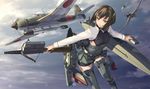  aircraft b7a_ryuusei bike_shorts bow_(weapon) brown_eyes brown_hair crossbow day headgear kantai_collection miniskirt rigging rokuwata_tomoe short_hair skirt sky taihou_(kantai_collection) torpedo weapon 