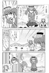  clenched_teeth closed_eyes comic crossed_arms emphasis_lines fang greyscale hands_on_hips highres japanese_clothes jun'you_(kantai_collection) kantai_collection kariginu magatama monochrome motomiya_ryou mountain multiple_girls ocean open_mouth pleated_skirt ryuujou_(kantai_collection) skirt smile sweatdrop teeth translation_request trembling twintails visor_cap 