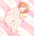  1girl ass balloon barefoot bed_sheet blush breasts brown_hair digimon digimon_adventure_02 eggs_(artist) feet female full_body hair_ornament hairclip leg_hug looking_at_viewer lying nipples nude on_side open_mouth pussy red_eyes short_hair small_breasts smile solo toes uncensored yagami_hikari 