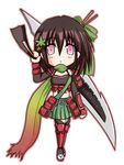  :o arm_at_side arm_up arm_warmers armor bangs blush brown_hair chestnut_mouth chibi commentary_request crop_top expressionless eyebrows_visible_through_hair flower_knight_girl full_body gradient_scarf green_ribbon green_skirt hair_between_eyes hair_ornament hair_ribbon hair_stick holding holding_sword holding_weapon japanese_armor japanese_clothes kusazuri leaf_hair_ornament looking_at_viewer momiji_(flower_knight_girl) multicolored multicolored_clothes multicolored_scarf pink_eyes pleated_skirt ribbon sandals scarf shin_guards shiny shiny_hair short_hair shoulder_armor skirt sleeveless sode solo standing strapless sword triangle_mouth tubetop vambraces weapon white_background wil_(lion) 