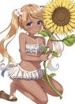  bandeau bangs bare_arms bare_shoulders bikini bikini_skirt blonde_hair blue_bikini blue_eyes blush bow bow_bikini closed_mouth collarbone commentary_request curly_hair dark_skin eyelashes feet flip-flops flower frilled_bikini frills full_body granblue_fantasy hair_flower hair_ornament halter_top halterneck highres holding holding_flower io_euclase kneeling long_hair looking_at_viewer midriff navel rudowa sandals shiny shiny_skin shoe_dangle shoe_flower simple_background smile solo stomach striped striped_bikini sunflower swept_bangs swimsuit twintails very_long_hair wedge_heels white_background white_bikini white_flower yellow_flower 