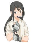  black_hair boko_(maniacpurple) brown_eyes cygames dougi fingerless_gloves gloves highres idolmaster idolmaster_cinderella_girls karate_gi long_hair looking_at_viewer mouth_guard mouth_hold nakano_yuka open_mouth simple_background sleeves_rolled_up solo twintails 