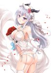  ass blush bouquet breasts bridal_veil detached_collar elbow_gloves flower garter_straps gloves highres horns large_breasts long_hair looking_at_viewer miyuki_rei open_mouth original panties petals pointy_ears purple_eyes red_flower red_rose rose shawl silver_hair solo thighhighs underwear veil white_gloves white_legwear white_panties 