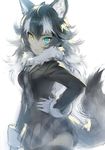  animal_ears bangs black_hair black_jacket black_neckwear black_skirt blue_eyes breasts closed_mouth commentary_request cowboy_shot fur_collar gloves grey_wolf_(kemono_friends) hand_on_hip heterochromia jacket kemono_friends long_hair long_sleeves looking_at_viewer matsuda_(matsukichi) medium_breasts miniskirt multicolored_hair necktie skirt smile solo tail thighhighs two-tone_hair white_gloves white_hair wolf_ears wolf_tail yellow_eyes 