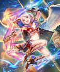  :d angel angel_wings artist_request bird blonde_hair boomerang boots braid castle cloud cygames feathers gauntlets gem hair_ornament midriff navel official_art open_mouth red_eyes reno_(shingeki_no_bahamut) revealing_clothes shadowverse shingeki_no_bahamut short_hair skirt smile vest weapon wings 