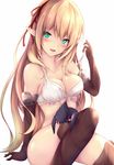  arisa_(shadowverse) arm_support asuta_(ayustat0423) blonde_hair blush blush_stickers boots bra breasts cleavage collarbone elbow_gloves gloves green_eyes highres long_hair medium_breasts pointy_ears shadowverse smile solo strap_lift thigh_boots thighhighs thighs underwear white_bra 