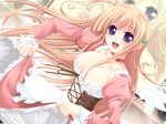  1girl blue_eyes breasts game_cg happy large_breasts minna_daisuki_kozukuri_banchou orange_hair otohime_moeko pink_dress solo 