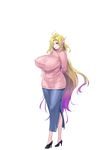  aoi_nagisa_(metalder) arms_behind_back bangs blonde_hair breasts elf eyebrows_visible_through_hair finger_to_mouth full_body gradient_hair hair_over_one_eye high_heels highres huge_breasts long_hair long_skirt looking_at_viewer misery_stentrem multicolored_hair pointy_ears purple_hair red_eyes skirt smile solo sweater transparent_background very_long_hair youkoso!_sukebe_elf_no_mori_e 