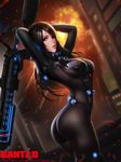  1girl arms_up ass black_bodysuit black_eyes black_hair blurry bodysuit breasts chinese_commentary commentary_request copyright_name cowboy_shot depth_of_field energy_gun explosion gantz gantz_suit gun highres holding holding_gun holding_weapon large_breasts liang_xing long_hair looking_at_viewer nose parted_lips patreon_username photoshop_(medium) shimohira_reika solo twisted_torso weapon 