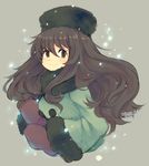  blush brown_hair character_request coat eyebrows_visible_through_hair green_coat green_eyes green_hat hat iroyopon long_hair long_sleeves looking_at_viewer mittens smile solo 