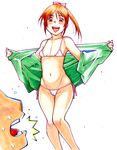  absurdres bikini blush breasts commentary covered_nipples highres navel open_clothes open_mouth orange_hair original ponytail red_eyes simple_background small_breasts smile solo_focus string_bikini surprised swimsuit takeda_saburoh_yasuhide traditional_media 