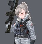  belt buck_(rainbow_six_siege) c8-sfw camouflage canadian_flag closers commentary_request cosplay digital_camouflage eyebrows_visible_through_hair eyes_visible_through_hair gloves gun hair_over_one_eye highres jacket load_bearing_vest military_operator ponytail pouch rainbow_six_siege red_eyes silver_hair ssamjang_(misosan) tactical_clothes tina_(closers) trigger_discipline upper_body weapon 