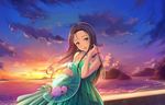  artist_request bare_shoulders beach black_hair breasts brown_eyes cloud collarbone dress earrings flower green_dress hat hat_removed headwear_removed holding holding_hat idolmaster idolmaster_cinderella_girls idolmaster_cinderella_girls_starlight_stage jewelry light_smile long_hair looking_at_viewer medium_breasts necklace ocean official_art open_mouth outdoors rose sena_shiori_(idolmaster) sky sleeveless sleeveless_dress solo strapless strapless_dress sunset 