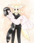 animal_ears bare_shoulders bride carrying commentary common_raccoon_(kemono_friends) couple dress elbow_gloves fennec_(kemono_friends) formal fox_ears fur_collar gloves groom kemono_friends lily_lot multiple_girls princess_carry raccoon_ears short_hair smile strapless strapless_dress suit tail tuxedo wedding_dress white_dress wife_and_wife yuri 