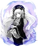  blush eyebrows_visible_through_hair greyscale hat iroyopon junko_(touhou) long_hair long_sleeves looking_at_viewer monochrome open_mouth solo touhou very_long_hair 