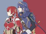  2girls armor blue_hair blush fire_emblem fire_emblem:_kakusei fire_emblem_awakening girls_only lucina multiple_girls red_hair selena_(fire_emblem) sword twintails 