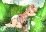  arisa_(shadowverse) arm_pillow barefoot blonde_hair book closed_eyes elf feet flower long_hair lying moss nature on_side plant pointy_ears remy_(s_remy) shadowverse skirt sleeping solo thighs tree water 