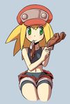  adjusting_clothes adjusting_gloves bare_arms bare_shoulders bike_shorts blonde_hair blush brown_gloves cabbie_hat cropped_legs glove_in_mouth gloves green_eyes hat long_hair midriff mouth_hold muu_(mumumer) navel red_hat red_shorts rockman rockman_dash roll roll_caskett shorts simple_background smile solo undershirt 