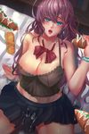 absurdres blue_eyes bow bowtie breasts brown_hair cleavage commentary ctrlz77 food highres huge_breasts ichinose_shiki idolmaster idolmaster_cinderella_girls long_hair looking_at_viewer open_mouth revealing_clothes sandwich skirt subway_(company) suggestive_fluid wavy_hair 