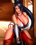  1girl black_hair breasts cleavage dead_or_alive female highres large_breasts long_hair momiji_(ninja_gaiden) ninja_gaiden ninja_gaiden:_dragon_sword ponytail scarf smile solo svoidist weapon 
