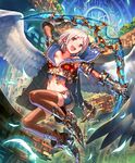  :d angel angel_wings artist_request belt blonde_hair boomerang boots braid coat cygames feathers gauntlets gem hair_ornament jacket midriff navel official_art open_mouth red_eyes reno_(shingeki_no_bahamut) ruins shadowverse shingeki_no_bahamut short_hair shorts smile thighhighs weapon wings 