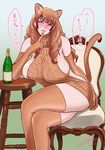  animal_ears artist_name blush bottle breasts brown_hair cat_ears cat_tail chair commentary_request elbow_gloves finger_to_mouth gloves green_eyes highres kemono_friends large_breasts long_hair meme_attire narrowed_eyes nipple_slip nipples open_mouth original sitting solo tail tatsunami_youtoku thighhighs translated virgin_killer_sweater 