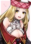  :d absurdres artist_name bare_shoulders black_neckwear blonde_hair border breasts cleavage diola_(granblue_fantasy) eyebrows_visible_through_hair eyelashes eyes_visible_through_hair frilled_shirt frilled_shirt_collar frills gold_trim granblue_fantasy hat highres large_breasts leaning_forward lips long_hair long_sleeves looking_at_viewer necktie open_mouth outside_border pink_background plaid plaid_hat raised_eyebrows shirt smile solo takatsuki_ichi teeth white_border white_shirt wing_collar yellow_eyes 