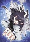  aiming_at_viewer animal_ears antlers battle black_footwear black_hair black_vest ears emphasis_lines extra_ears foreshortening full_body fur_trim grey_legwear grey_shirt holding holding_weapon hori_(hori_no_su) incoming_attack kemono_friends long_sleeves looking_at_viewer moose_(kemono_friends) moose_ears open_mouth purple_eyes shirt shoes smile solo vest weapon 