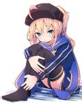  ahoge artoria_pendragon_(all) bangs baseball_cap beni_shake black_legwear blonde_hair blue_scarf commentary_request eyebrows_visible_through_hair fate_(series) hair_between_eyes hat jacket legs_together long_hair mysterious_heroine_x open_clothes open_jacket open_track_jacket parted_lips ponytail rojiura_satsuki:_chapter_heroine_sanctuary scarf simple_background sitting solo thighhighs thighs track_jacket white_background 