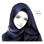  1girl artist_name closed_mouth commentary commission english_commentary eyelashes greyscale hijab looking_at_viewer monochrome original pale_skin portrait simple_background smile solo takenaka watermark web_address white_background 