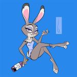  3_toes alcohol anthro beckoning bedroom_eyes beverage birchly blue_background bottle breasts cleavage clothed clothing disney dress ear_piercing ears_up eyeshadow female fur grey_fur grin half-closed_eyes judy_hopps lagomorph looking_at_viewer makeup mammal piercing purple_eyes rabbit raised_leg seductive simple_background sitting smile solo toes wine zootopia 