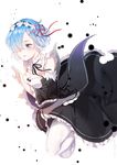  1girl apron aqua_eyes aqua_hair arm_up black_dress blush bow breasts detached_sleeves dress frilled_skirt hair_flower hair_ornament hair_over_one_eye hair_ribbon headdress maid make_up medium_breasts re:zero_kara_hajimeru_isekai_seikatsu rem_(re:zero) ribbon short_hairsimple_background solo walking white_background white_legwear wide_sleeves x_hair_ornament yumaomi 